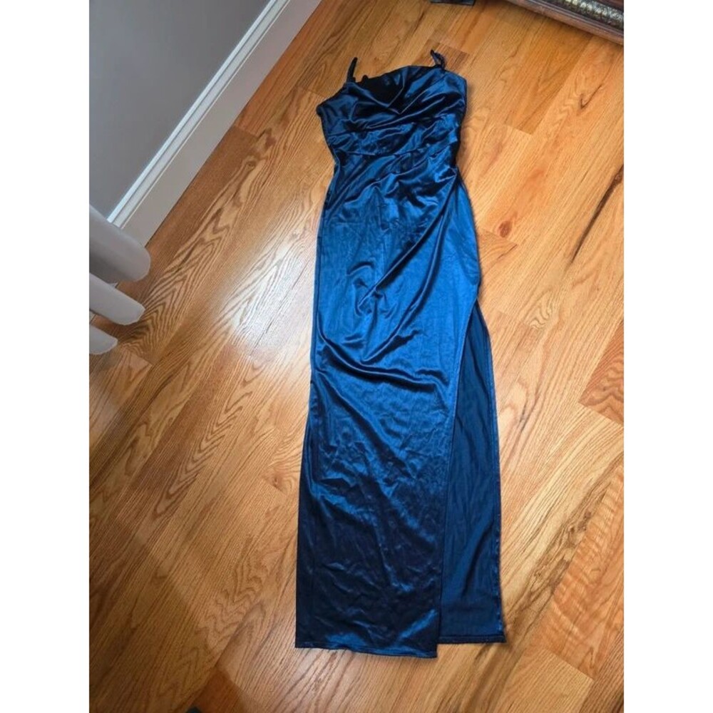 Windsor Navy Blue Satin Maxi Dress Size M Spaghetti Strap Side Slit
